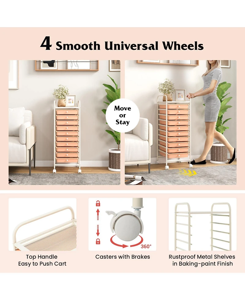Sugift 10 Drawer Rolling Storage Cart Organizer with 4 Universal Casters-Cherry