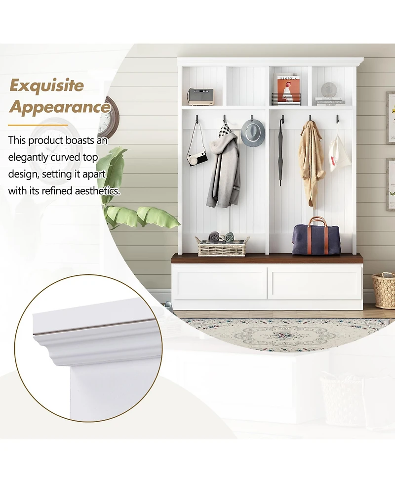 Rainsken Farmhouse Hall Tree, Multi-Purpose Coat Rack with Wood Grain Bench, 6 Hanging Hooks and 2 Storage Drawers for Hallway and Entryway