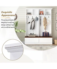 Rainsken Farmhouse Hall Tree, Multi-Purpose Coat Rack with Wood Grain Bench, 6 Hanging Hooks and 2 Storage Drawers for Hallway and Entryway