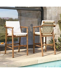 Rainsken Outdoor Bar Stools Set of 2, Modern Acacia Wooden Counter Height Chairs with Webbing Seat for Patio, Pool and Garden, Cushions Included
