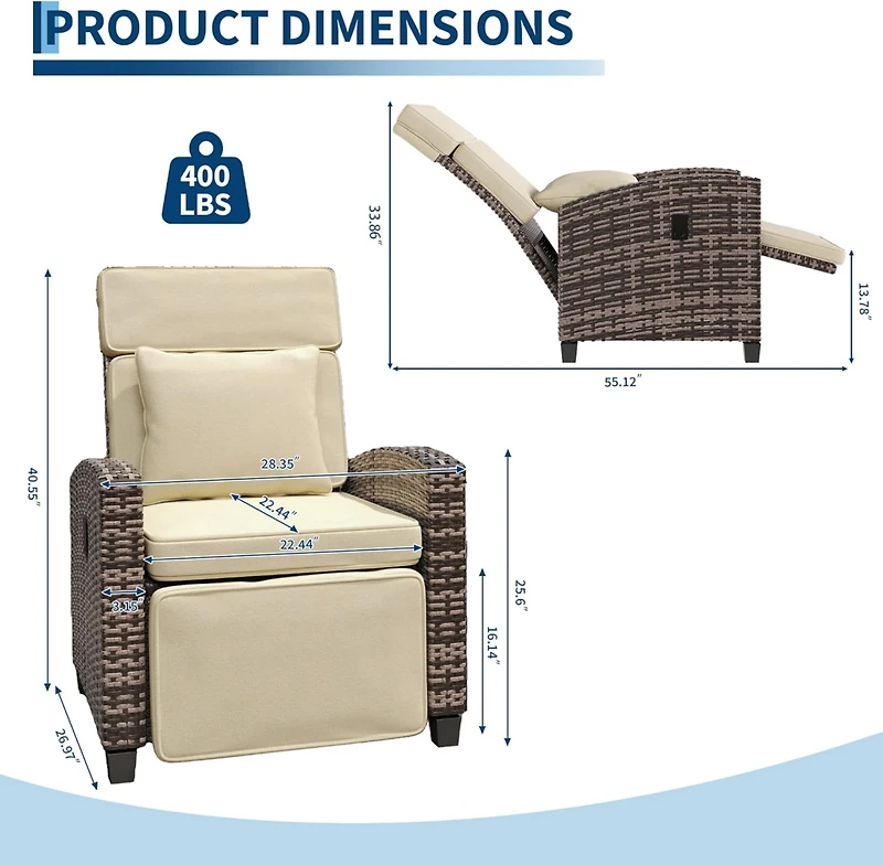 gaomon Outdoor Patio Recliner Chair with Side Table, Wicker and Cushion