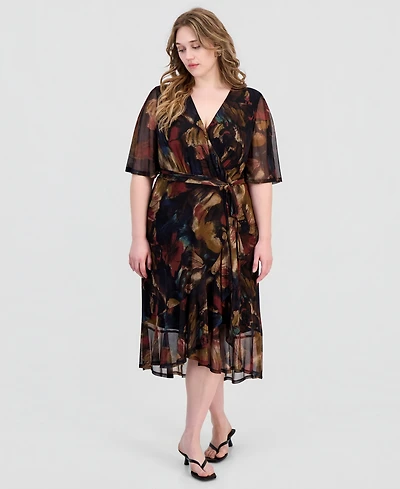 Connected Plus Printed Flutter-Sleeve Faux-Wrap Midi Dress