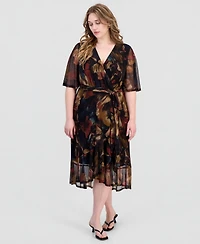 Connected Plus Printed Flutter-Sleeve Faux-Wrap Midi Dress