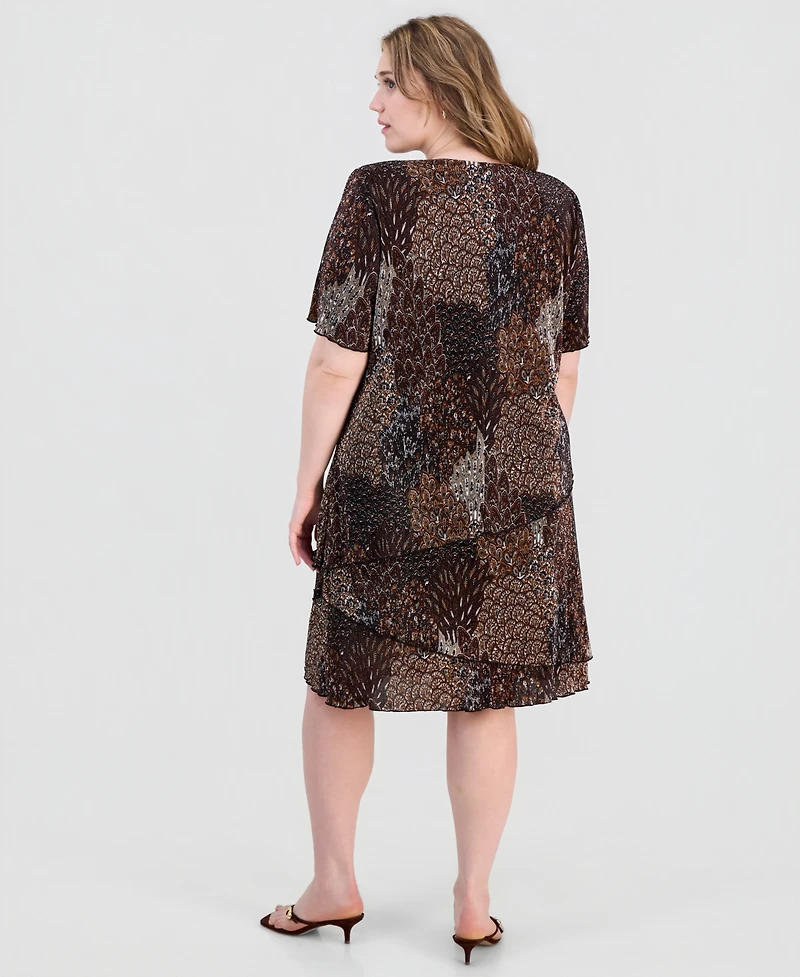 Connected Plus Printed Pleated Asymmetric Tiered Sheath Dress