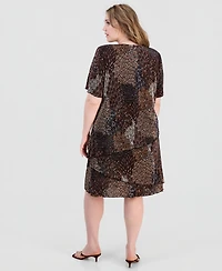 Connected Plus Printed Pleated Asymmetric Tiered Sheath Dress
