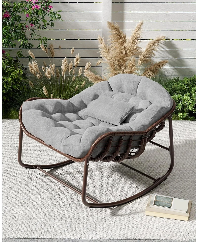 gaomon Outdoor Papasan Rocking Chair, Oversized Wicker Lounge Chair with Cushion and Metal Frame, Patio Rattan Egg Rocker for Balcony Backyard Porch
