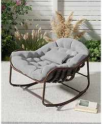 gaomon Outdoor Papasan Rocking Chair, Oversized Wicker Lounge Chair with Cushion and Metal Frame, Patio Rattan Egg Rocker for Balcony Backyard Porch