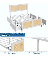 gaomon Rattan Accent Storage Bed with Led Lights-4 Drawers-Woven Front-mdf Wood Frame Finish