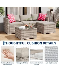 gaomon 5-Piece Outdoor Sectional Sofa Set, All-Weather Pe Rattan Patio Furniture with Ottoman and Tempered Glass Table