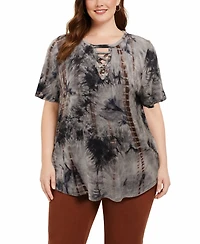 Coin 1804 Plus Tie Dye Lace Up Short-Sleeve Top