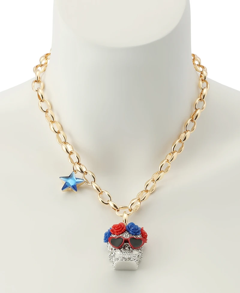 Betsey Johnson Faux Stone Americana Skull Pendant Necklace