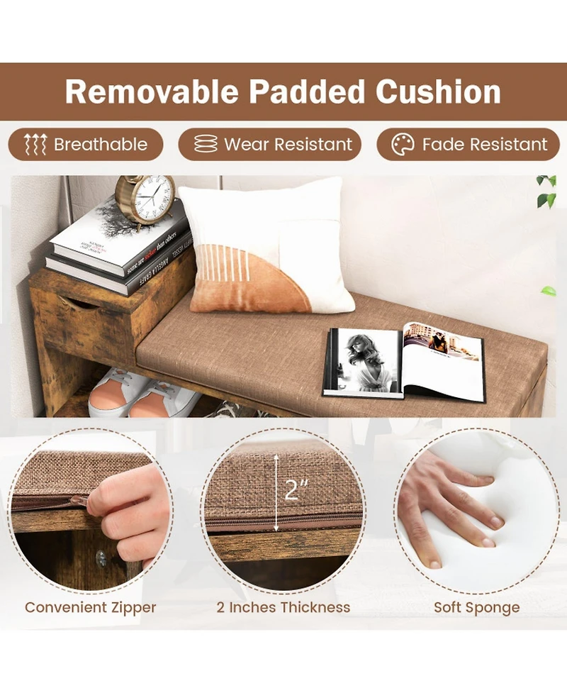 Gouun Entryway Shoe Bench with Padded Cushion, Storage Drawer and 3 Open Compartments