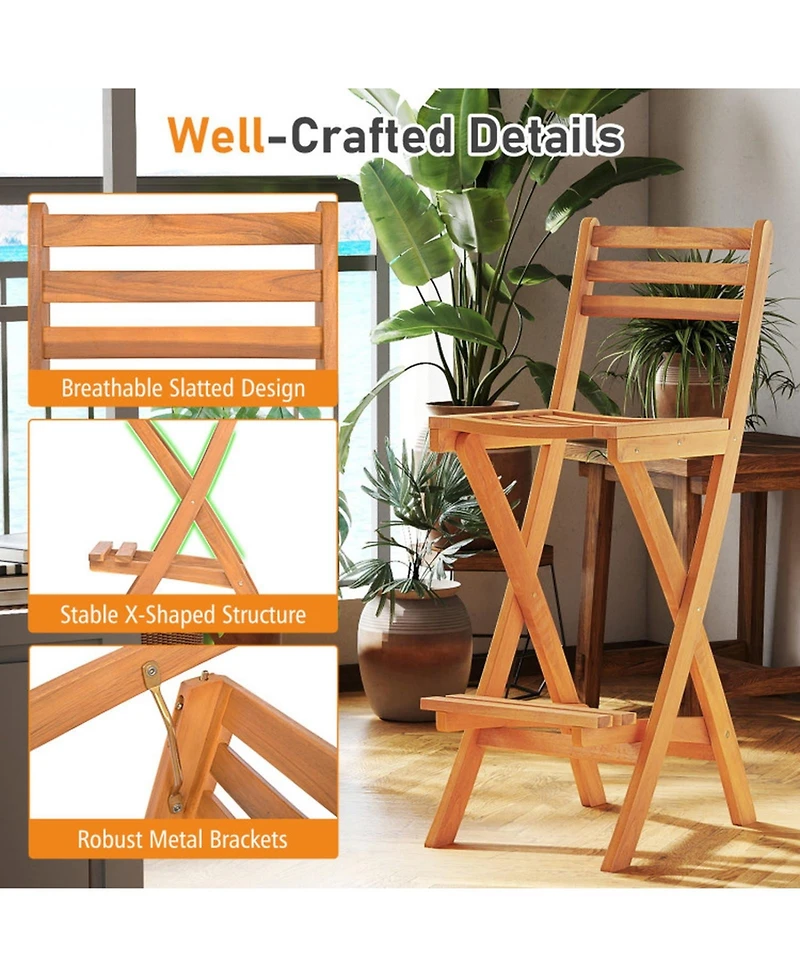 Sugift Set of 2 Acacia Wood Bar Height Chairs with Backrest and Footrest for Backyard