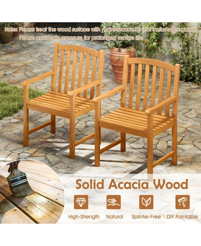 Sugift Solid Acacia Wood Patio Chairs Set of 2 with Slatted Seat and Inclined Backrest for Porch