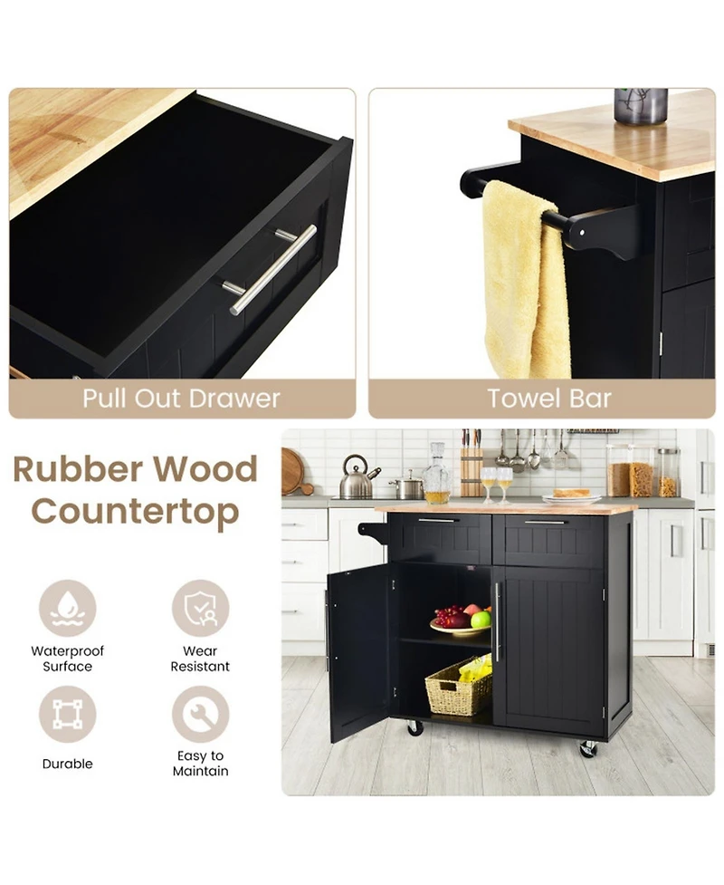 Gouun Rolling Kitchen Island Cart with Rubber Wood Top, Drawers, and Cabinet