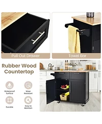 Gouun Rolling Kitchen Island Cart with Rubber Wood Top, Drawers, and Cabinet