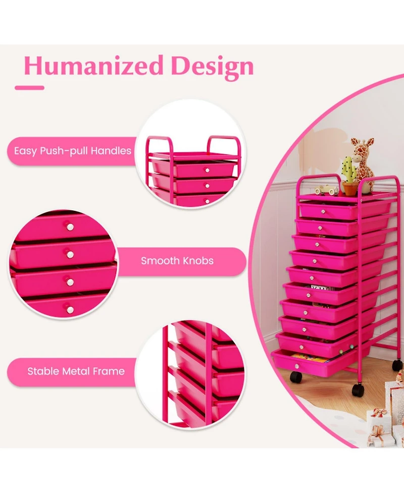 Gouun 10-Drawer Narrow Rolling Organizer Cart with Universal Casters