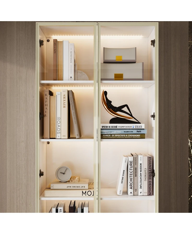 Homsee Display Cabinet with 2 Glass Doors and Lights, 4-Tier Storage Shelves and 2 Drawers