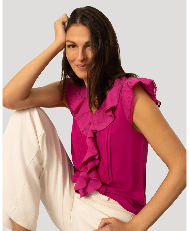 Cable & Gauge Women's Voile Mix Ruffle Trim Top