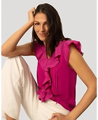 Cable & Gauge Women's Voile Mix Ruffle Trim Top