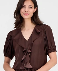 T Tahari Women's V-Neck Ruffle-Front Short-Sleeve Blouse