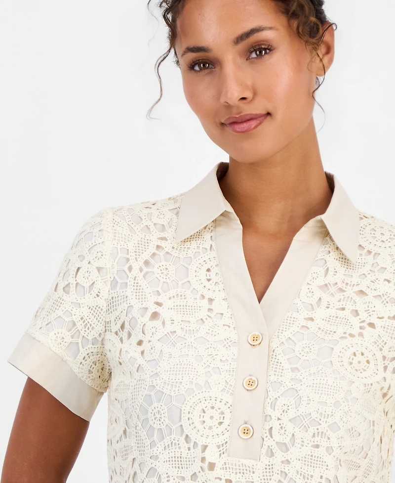 T Tahari Women's Cotton Collared Lace Shift Dress