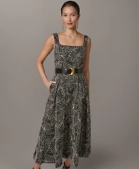 Donna Karan New York Women's Square Neck A-Line Midi Dress with Polyurethane Belt