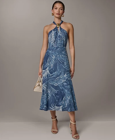 Donna Karan New York Women's Halter Chiffon A-Line Sleeveless Midi Dress