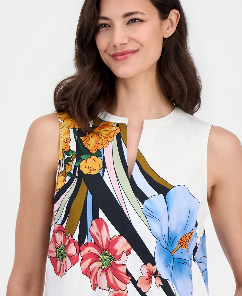 T Tahari Women's Printed Split-Neck Sleeveless Top