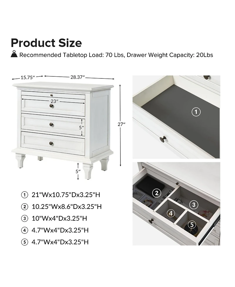 Hulala Home Arthelia Traditional 28.37''W 3-Drawer End Table with Charging Station