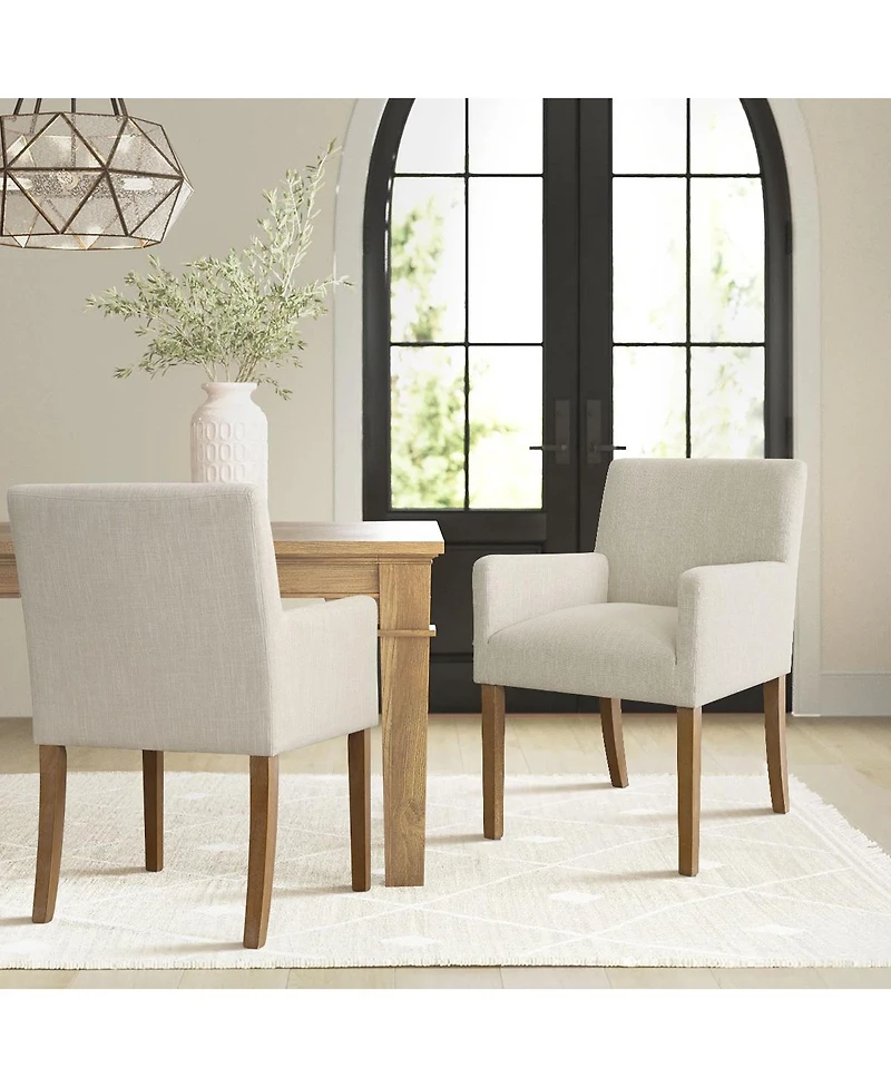 Maison Boucle Set of 2 Linen Upholstered Dining Arm Chairs, Solid Wood Legs