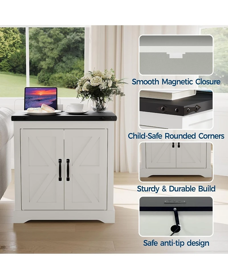 gaomon Farmhouse Bedside Table with Usb Charging Station, 2-Outlet & Usb Port - Sliding Barn Door Nightstand with Storage Cabinet