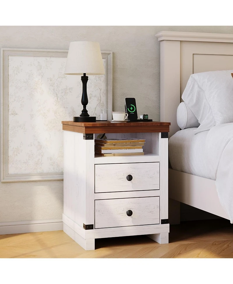 gaomon Farmhouse White Nightstand with Charging Station, 2 Drawers, Usb Ports & Power Outlets