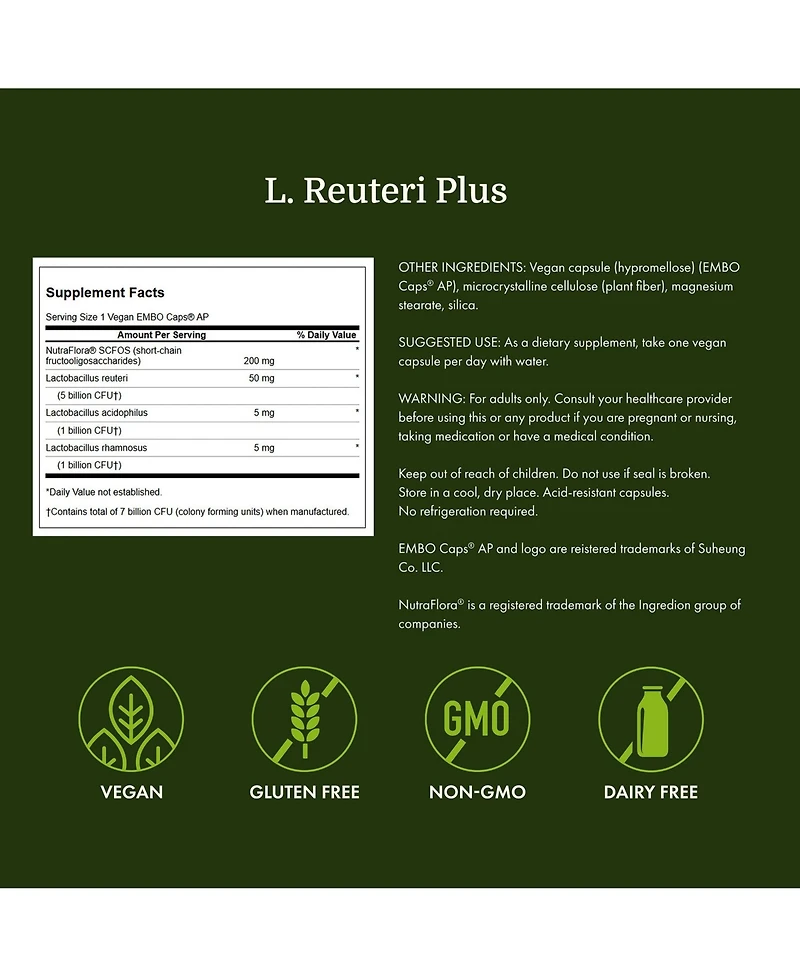 Swanson L. Reuteri Probiotic Plus With L. Rhamnosus, L. Acidophilus and Fos, Digestive and Gut Health, 7 Billion Cfu, 30 Veggie Capsules