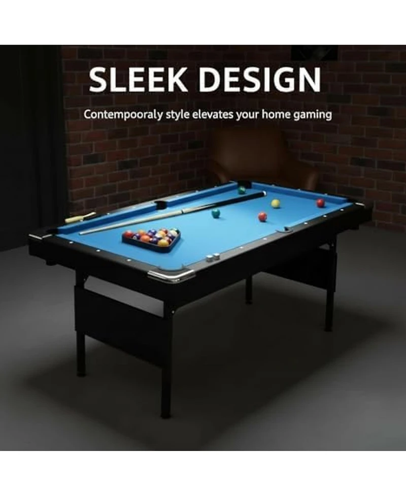 Rainsken 63.8" Foldable Pool Table, Indoor Billiards Table with Balls, Cue Sticks, Chalks, Brush and Triangular Rack for Family Game Room