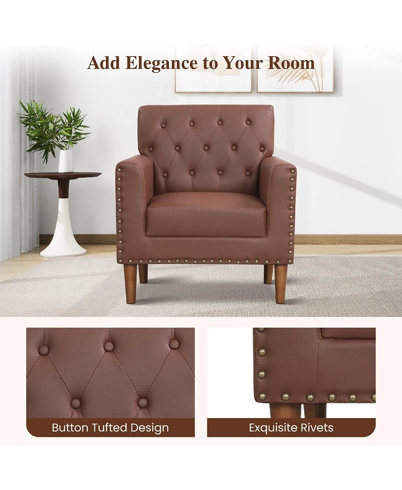 Gouun Mid-Century Button Tufted Accent Chair with Faux Leather Upholstery and Rivets