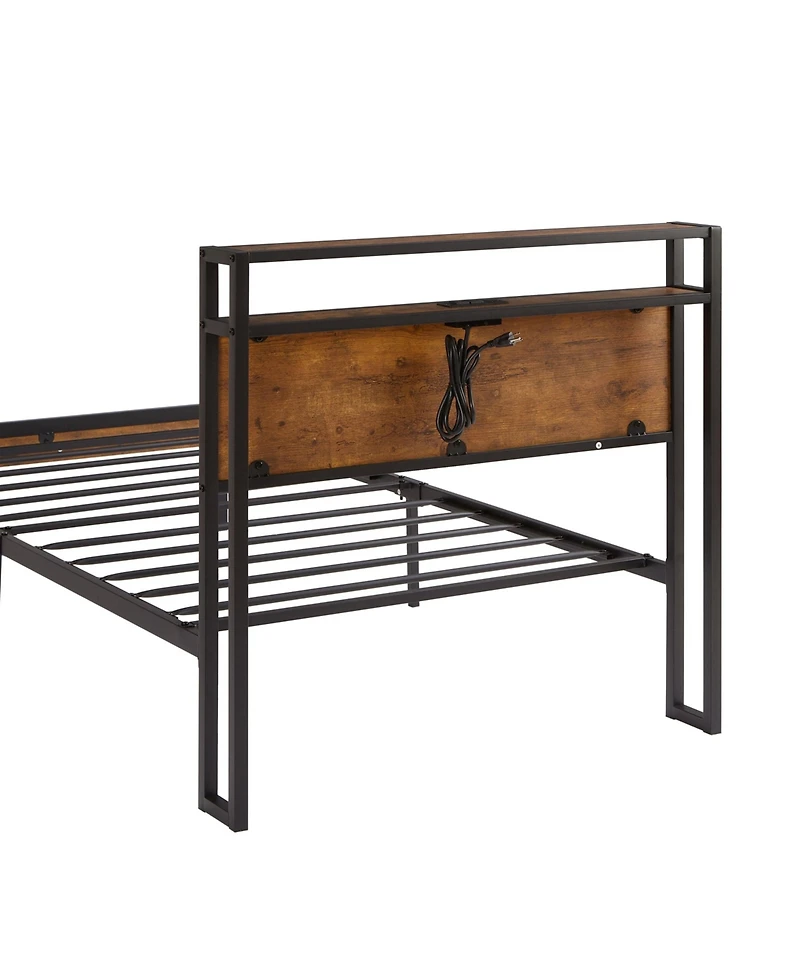 Lucky One Metal Platform Bed Frame with Wooden Headboard and Footboard with Usb Liner