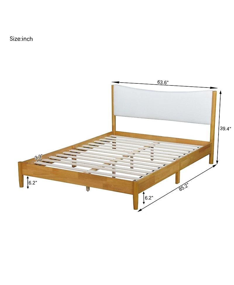 Clihome Solid Rubber Wooden Bed with Boucle Upholstered Headboard, Enhanced by Support Feet