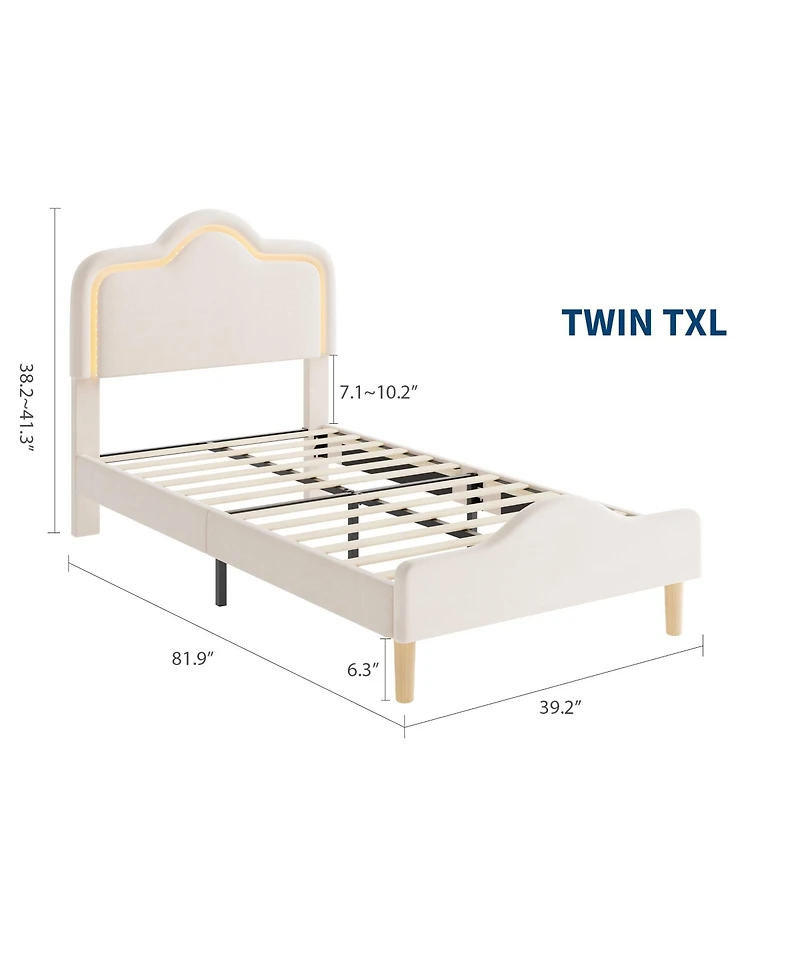Homfan Kids Led Upholstered Bed Frame with Adjustable Headboard & Footboard, Sturdy Wooden Slats