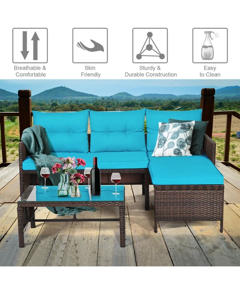 Clihome 3 Pieces Outdoor Patio Corner Rattan Sofa Set with Table