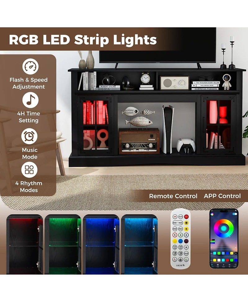 Gouun 58-Inch Rgb Led Tv Stand with Remote Control and Glass Doors