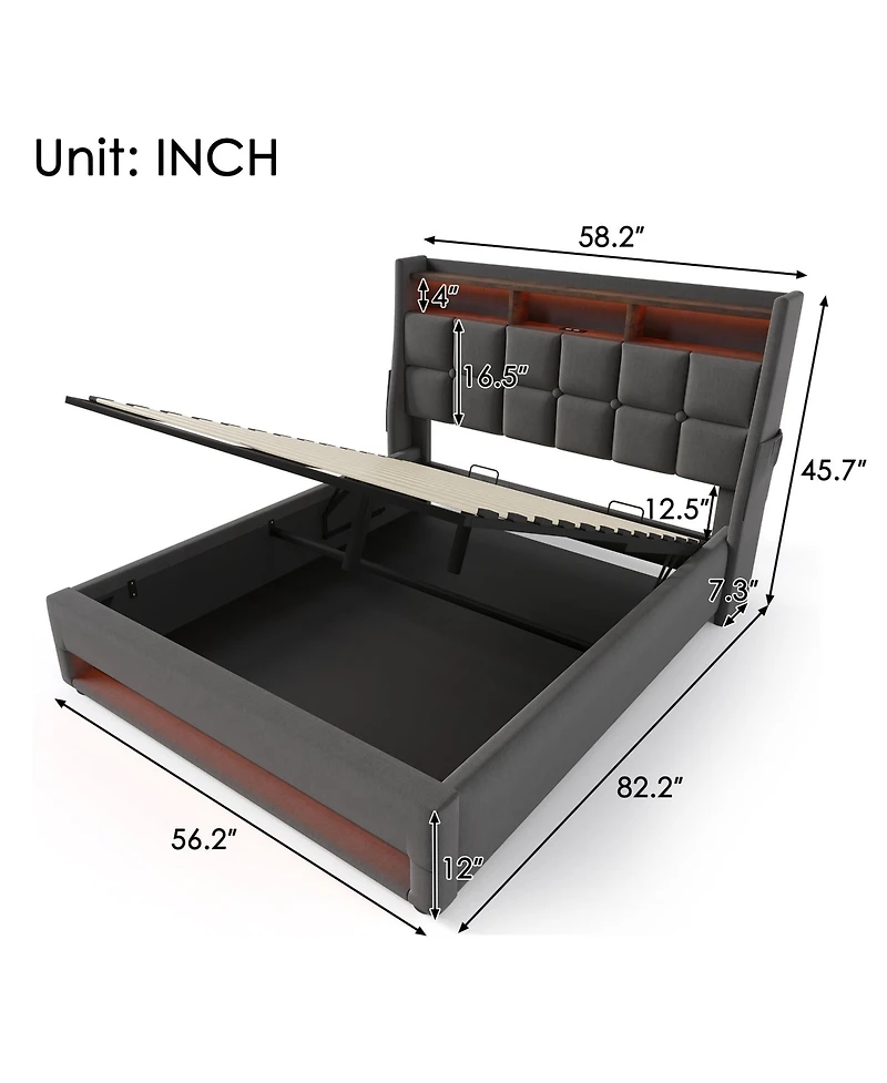 Lucky One Full size Upholstered Platform bed with a Hydraulic Storage System, Led and Usb Charging