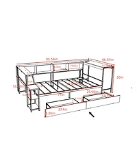 Lucky One Corner Bed Frame Twin Size with Bookcase and 2 Underbed Storage Drawers