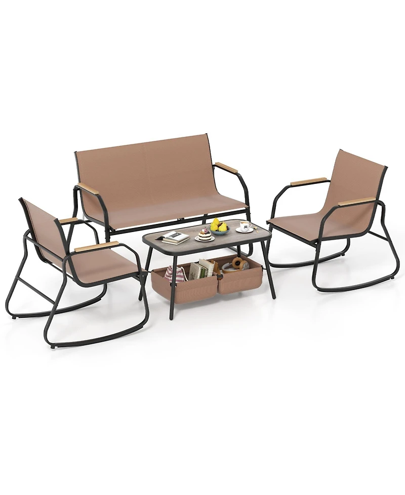 Sugift 4 Pieces Patio Furniture Set with Rocking Bistro Chairs and Breathable Mesh Fabric-Coffee