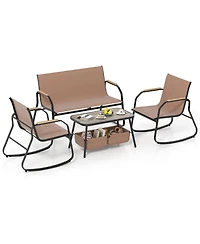 Sugift 4 Pieces Patio Furniture Set with Rocking Bistro Chairs and Breathable Mesh Fabric-Coffee