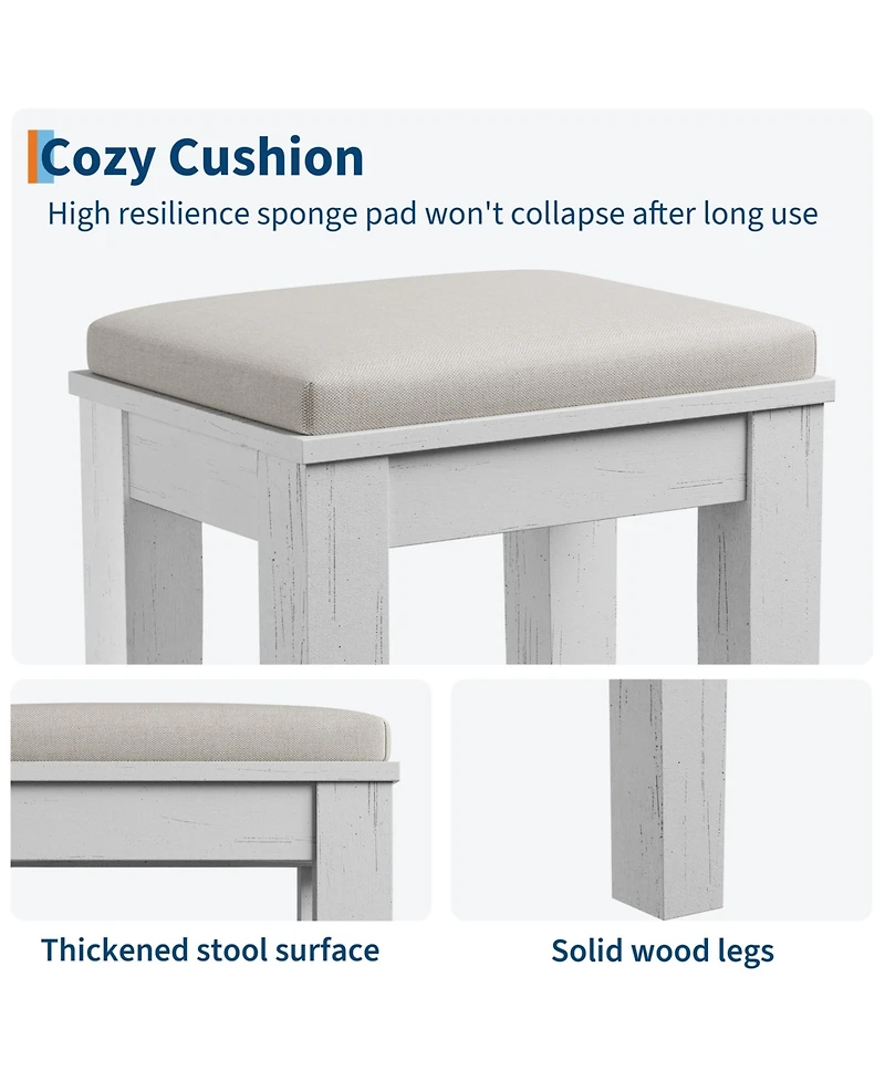 Homfan Farmhouse Makeup Vanity Desk with Lighted Mirror, Glass Top, Power Outlet, Upholstered Stool, Storage Drawers and Shelves