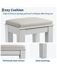 Homfan Farmhouse Makeup Vanity Desk with Lighted Mirror, Glass Top, Power Outlet, Upholstered Stool, Storage Drawers and Shelves