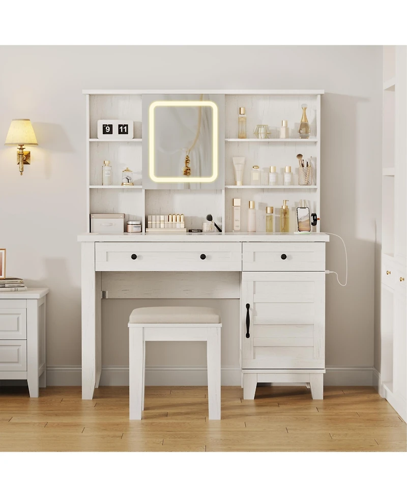 Homfan Farmhouse Makeup Vanity Desk with Lighted Mirror, Glass Top, Power Outlet, Upholstered Stool, Storage Drawers and Shelves