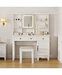 Homfan Farmhouse Makeup Vanity Desk with Lighted Mirror, Glass Top, Power Outlet, Upholstered Stool, Storage Drawers and Shelves