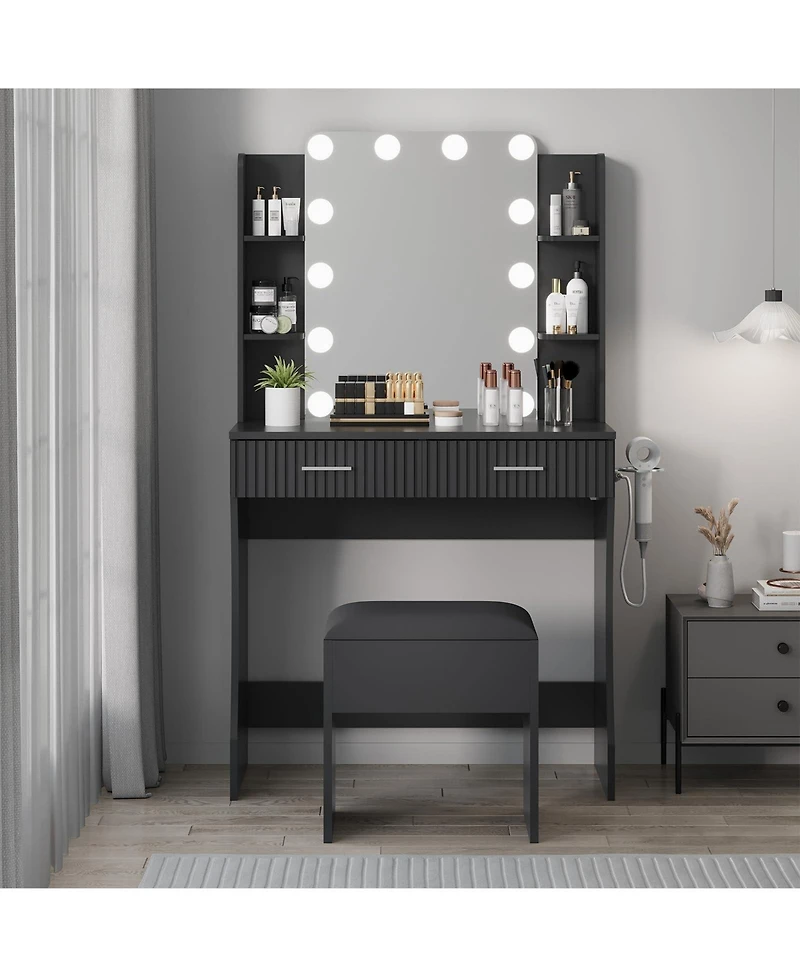 Homfan Makeup Vanity Desk with Mirror 12 Led Lights, Power Outlet, 2 Drawers, 6 Shelves, Hair Dryer Holder and Stool for Bedroom